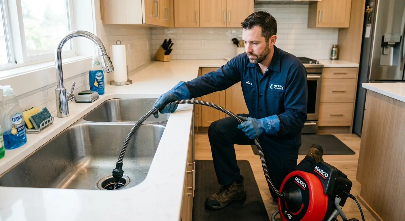 Drain cleaning technician using a motorized snake on a kitchen sink in Lakeside